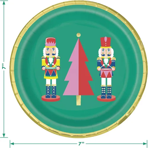 Miniatura 4 de HOME & HOOPLA Cascanueces - Platos de papel con forma de fiesta de Navidad, platos de postre de papel redondos con borde dorado y servilletas