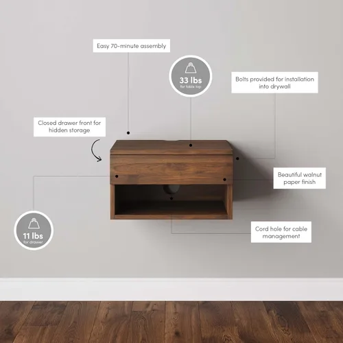 Miniatura 4 de Nathan James - Mesita de noche Jackson montada en pared, flotante para dormitorio, con cajón de almacenamiento y estante abierto moderno, nogal