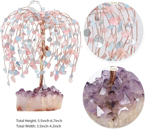 Miniatura 4 de SUNYIK Juego de árbol de dinero de cristal curativo de cuarzo rosa y aguamarina sobre base de racimo de amatista, adorno de Feng Shui, decoración