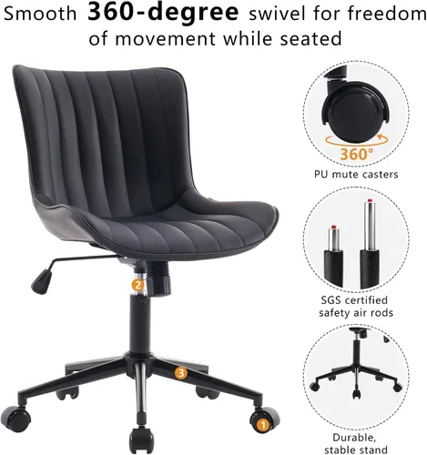 Miniatura 4 de YOUNIKE Silla de escritorio compacta negra para oficina en casa con ruedas, silla de tocador linda sin brazos cómoda con respaldo basculante