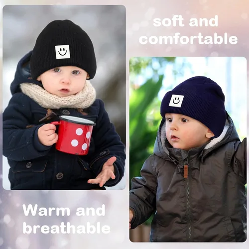 Miniatura 5 de Gorro de punto con cara sonriente para bebé, 3 unidades, para niños pequeños, gorro de invierno suave bordado con cara sonriente