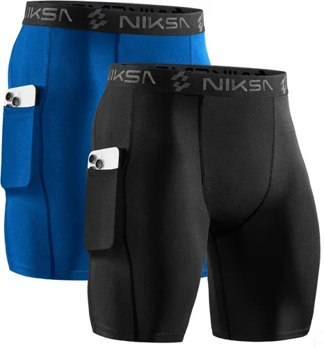 Miniatura 15 de Niksa Paquete de 2/4 pantalones cortos de compresión para hombre con bolsillo, pantalones cortos de elastano para correr, deportes, atletismo