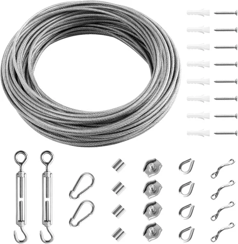 Cuerda de alambre de 1/16 de 98 pies, 98.4 ft de acero inoxidable 304 tendederos, kit de tensor de alambre para colgar cuerdas, colgar alambre de