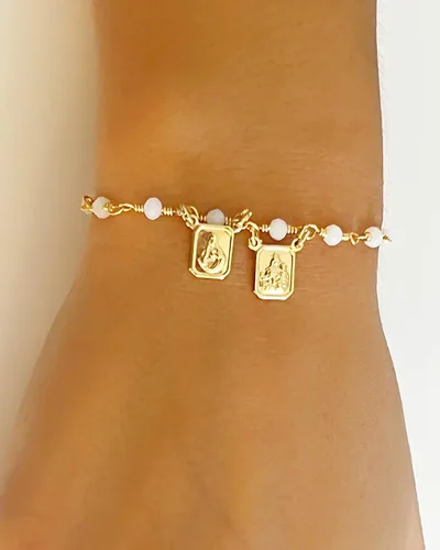 Miniatura 7 de Pulsera escapular católica con cuentas de cristal blanco ajustable M Cristal Chapado en oro