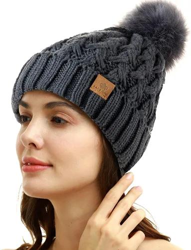 Miniatura 2 de PAGE ONE Womens Winter Ribbed Beanie Crossed Cap Chunky Cable Knit Pompom Soft Warm Hat