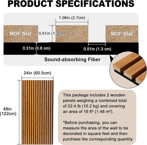 Miniatura 2 de Gaahing Paquete de 2 paneles de pared con acabado de madera, paneles acústicos de listones 3D para estudio de grabación, oficina, decoración Nogal