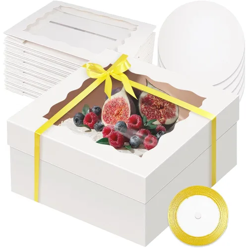 Miniatura 13 de qiqee 10x10x5 Caja para pasteles, 18 juegos de cajas para pasteles negras con ventana y 18 juegos de bases redondas negras de 10 pulgadas