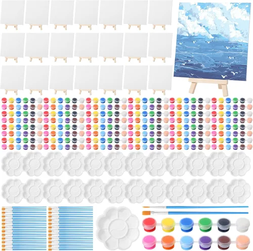 Miniatura 7 de Qilery - Juego de 24 mini paneles de lienzo de 4 x 4 pulgadas y caballete de pintura, 12 tiras de acrílico de colores, pinceles y paletas