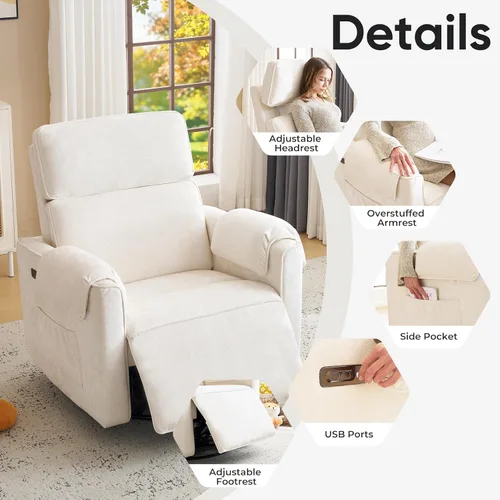 Miniatura 9 de Silla reclinable eléctrica extragrande, sillón basculante giratorio de 26" extra ancho con reposacabezas ajustable, silla mecedora de chenilla