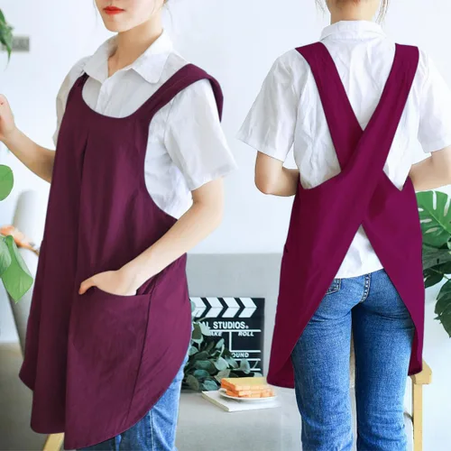 Miniatura 3 de NEWGEM - Delantales de cocina de lino japonés para mujeres y hombres, con tirantes cruzados y bolsillos, para repostería y cocina 09 - Mujer Rojo