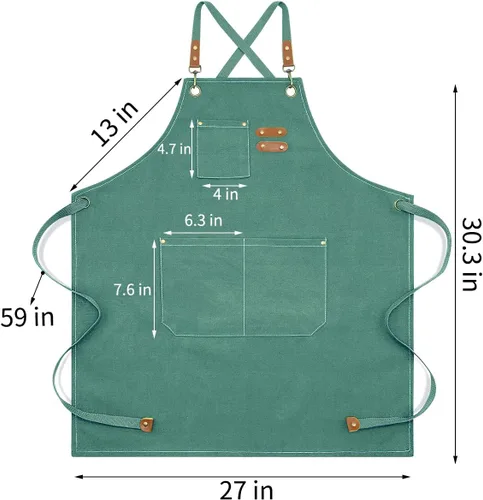 Miniatura 2 de Delantal para hombres y mujeres con bolsillos, lona de algodón, espalda cruzada, resistente, ajustable, delantal de trabajo Verde