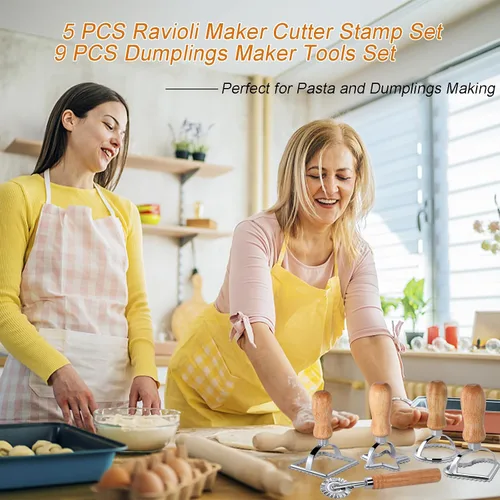 Miniatura 5 de [14 Piezas Mejoradas] Juego de Cortador de Rueda para Pasta Ravioli, Cortador Fabricador de Ravioli con Rueda Rodillo con Mango de Madera, Rueda