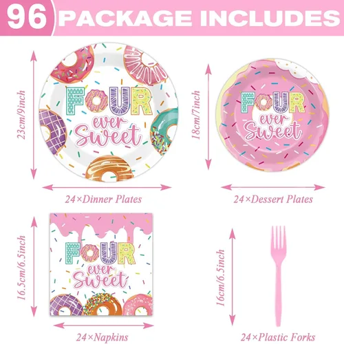 Miniatura 2 de 96 piezas de decoración de fiesta de cumpleaños de dona para el cuarto cumpleaños para 24 invitados Cuatro dulces platos de papel de dona