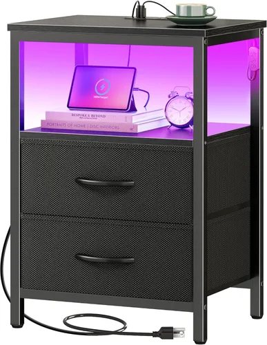 Huuger - Mesita de noche con estación de carga y luces LED, mesita de noche con 2 cajones, mesa auxiliar de cama con estante abierto, mesa auxiliar,