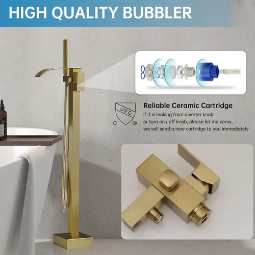Miniatura 4 de RUMOSE Llenador de Bañera Independiente Grifo de Bañera Dorado Cepillado Montaje en Piso Grifo de Bañera Cascada Llenador de Bañera
