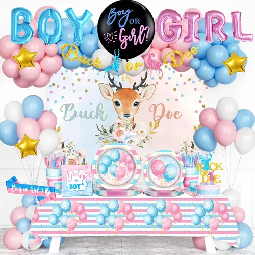 Buck or Doe - Decoraciones de revelación de género, suministros de revelación de género rosa y azul para niño o niña, telón de fondo, pancarta de