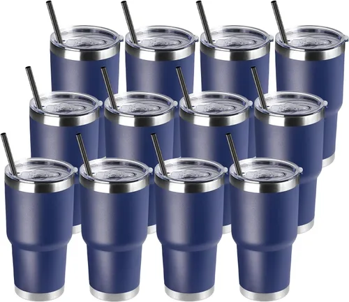 Miniatura 26 de DOMICARE Vaso de 30 oz con tapa y pajita, vasos de acero inoxidable a granel, aislado al vacío de doble pared para café, vaso duradero