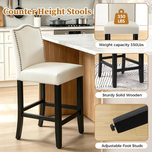 Miniatura 6 de LSSPAID Juego de 2 taburetes de bar, de 28.5 pulgadas, modernos tapizados de tela, taburetes de bar con respaldo de cabeza de clavo y patas de Beige