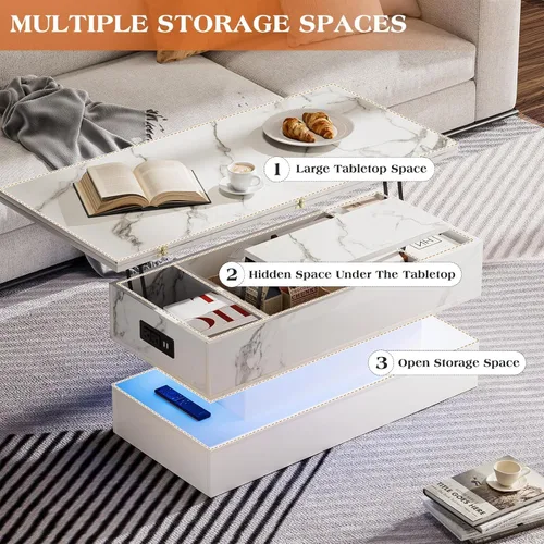 Miniatura 4 de SYESWAY - Mesa de centro con tapa elevable de 39.4 pulgadas con estación de carga, mesa central con diseño de mármol brillante con compartimento