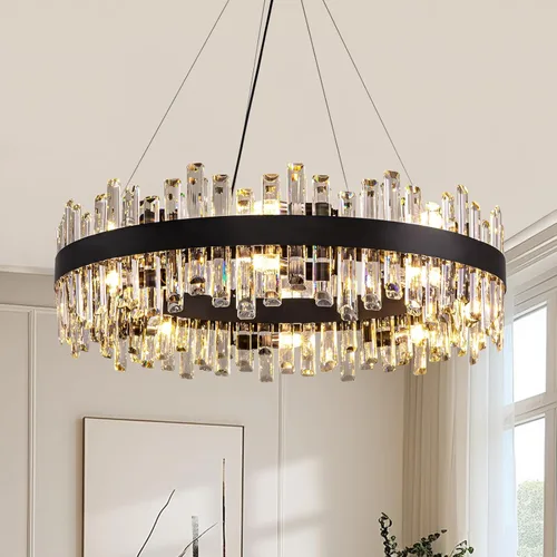 Miniatura 31 de Siljoy Candelabro moderno de cristal de 12 luces de oro cepillado de 2 niveles con forma de gota de lluvia de cristal, ajustable, montaje al ras