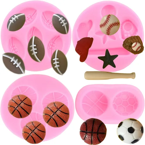 Mujiang Moldes de silicona para bolas de fútbol, béisbol, baloncesto, rugby, fondant, para decoración de pasteles, chocolate, caramelo, arcilla,
