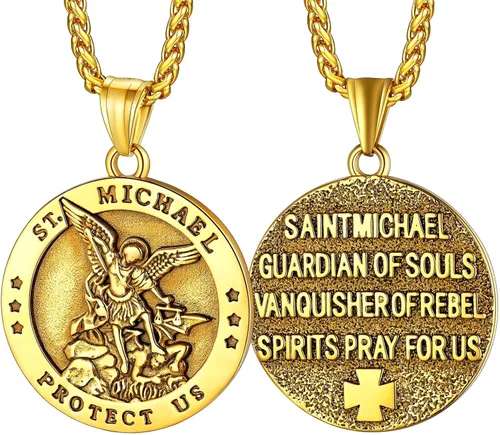 Miniatura 23 de FaithHeart Collar de San Miguel, acero inoxidable, chapado en oro de 18 quilates, amuleto colgante de San Miguel Arcángel para hombres y mujeres