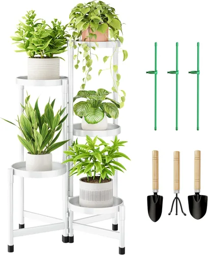 Cawukege Soporte para plantas de 5 niveles para interiores, soporte escalonado para plantas al aire libre para múltiples plantas, estante de esquina