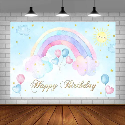 Miniatura 4 de AIBIIN Telón de fondo de feliz cumpleaños arcoíris de 7 x 5 pies para niñas, globos de nube rosa y azul, fondo de fotografía, decoración de fiesta