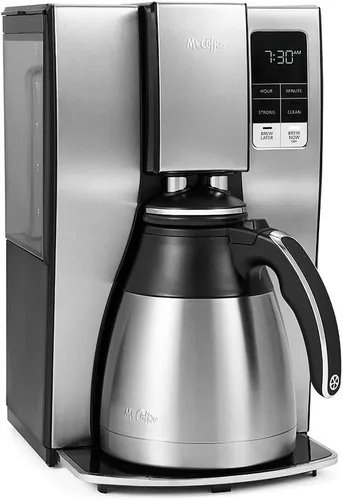 Mr. Coffee Cafetera programable de 10 tazas, jarra térmica aislada, selección de fuerza de preparación, preparación ahora o más tarde, acero Acero