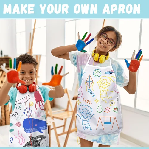 Miniatura 7 de Pllieay 52 delantales para niños, delantales blancos para niños con bolígrafo de colores y plantillas de diario para pintura, cocina, cocina