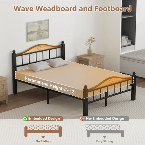 Miniatura 8 de Marco de cama de metal tamaño matrimonial con cabecero, plataforma sin chirridos de 1500 libras, almacenamiento debajo de la cama de 12 pulgadas