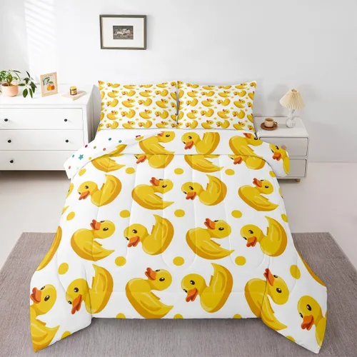 Miniatura 53 de Erosebridal Juego de ropa de cama a cuadros azul para niños, juego de cama individual con diseño de patos amarillos de dibujos animados, juego