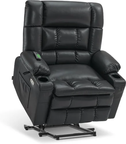 Miniatura 36 de MCombo Silla reclinable eléctrica de motor dual para adultos mayores, silla de elevación plana con calor y masaje, portavasos, puertos USB, piel