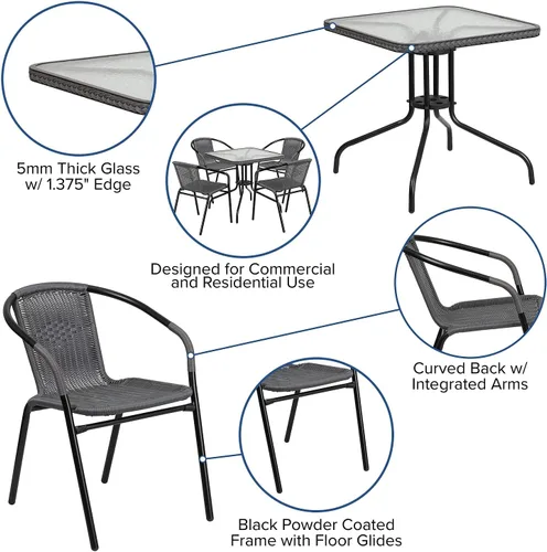 Miniatura 4 de Flash Furniture Mesa cuadrada de metal de vidrio de 28 pulgadas con borde de ratán gris y 4 sillas apilables de ratán gris Transparente/Gris