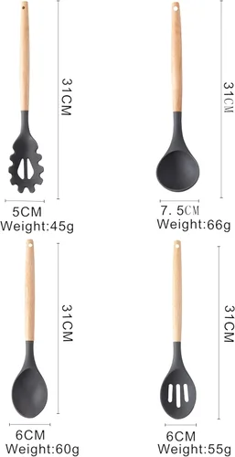 Miniatura 4 de Juego de utensilios de cocina de silicona, sin BPA, no tóxico, antiadherente, resistente al calor hasta 446 °F, asas de madera antiarañazos + Negro