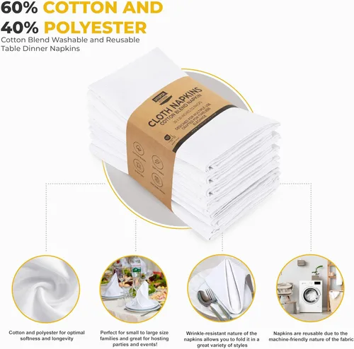 Miniatura 4 de Utopia Kitchen - Servilletas de tela blancas, paquete de 12 (50 x 50 cm), mezcla de algodón absorbente, lavables y reutilizables para cena, 2-Blanco