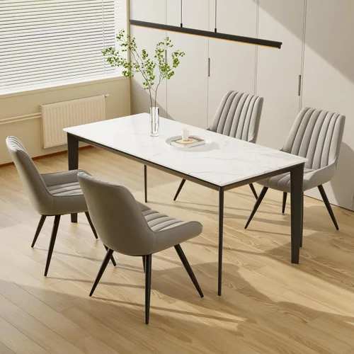 Miniatura 7 de Juego de 4 sillas de comedor modernas de mediados de siglo, tela tapizada con cojín suave, color gris claro Gris claro (tela)