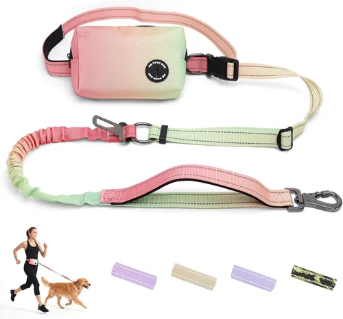 Miniatura 9 de Correa elástica retráctil de doble asa manos libres con ribete reflectante, cinturón ajustable para pasear al perro, correr, senderismo, correa