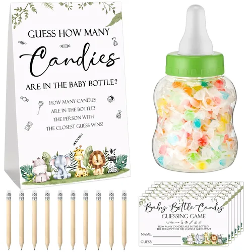 Roowest 62 piezas de Baby Shower Games Guess How Many Candies Are in the Jar Signal, 50 pequeños juegos de adivinanzas, 10 lápices HB y botella de
