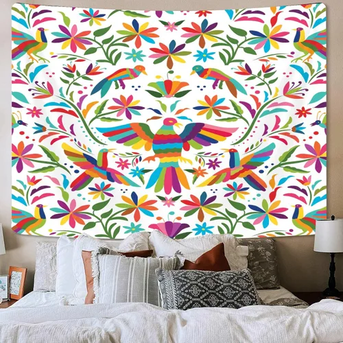 Miniatura 3 de Bzhilja Tapiz mexicano, tapiz tradicional mexicano con diseño de pájaro azul otomi, diseño brillante, flores de cachemira, tapiz de color étnico