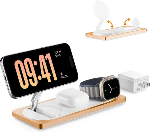 Estación de carga 3 en 1 para dispositivos Apple: Usada para estación de carga de iPhone y Watch con soporte de cargador Magsafe, cargador Naranja