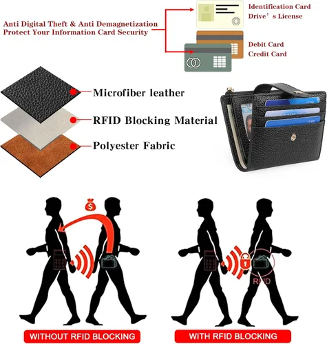 Miniatura 3 de GOIACII - Cartera pequeña para mujer de cuero genuino con bloqueo RFID, bolsillo con cremallera, plegable, tarjetero con ventana