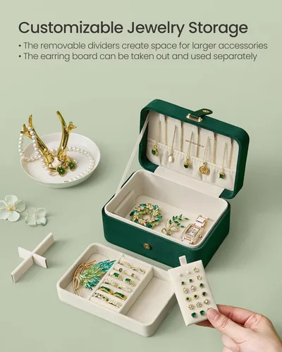 Miniatura 14 de SONGMICS Caja organizadora de joyas, estuche de viaje de 2 capas para aretes, collares, pulseras, almacenamiento portátil de joyas con gran Verde