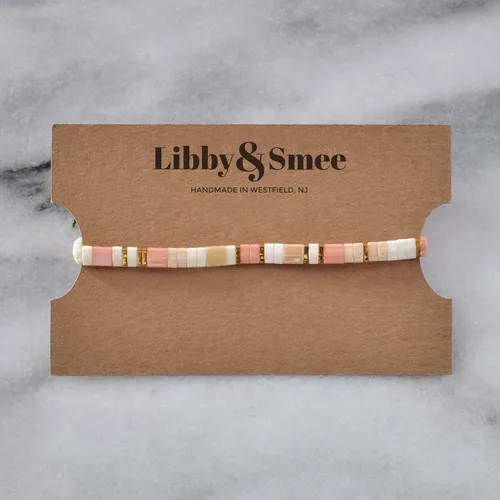 Miniatura 2 de Pulsera elástica con cuentas de azulejos de 7 pulgadas color crema rubor y oro beige