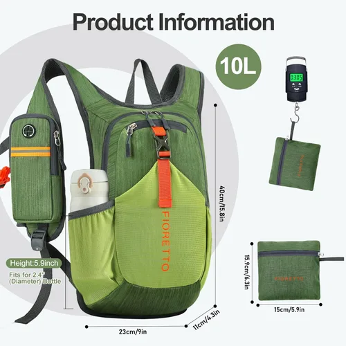 Miniatura 5 de FIORETTO Mochila de senderismo de 15L para mujeres y hombres, mochila mini plegable, mochila ligera pequeña para acampar, viajar al aire libre, Verde