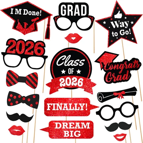 KatchOn, Accesorios para cabina de fotos de graduación 2026 – Paquete de 21 | Decoraciones de graduación rojas y negras 2026, accesorios de