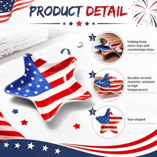Miniatura 3 de Meanplan 2 Pcs Patriotic Coffee Spoon Rest 4.3 Inch 4th of July Ceramic Spoon Rest American Flag Star Dipping Bowl Blue and Red Star Dish for