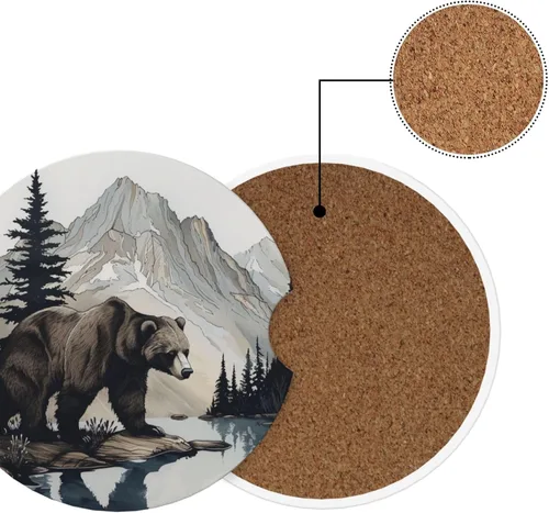 Miniatura 6 de 2 posavasos para automóvil, pintura de árbol de oso, base de corcho antideslizante, diseño de ranura, ajuste universal, cerámica, marrón
