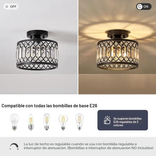 Miniatura 6 de Pevfah Lámpara de techo negra de cristal, moderna lámpara de techo semiempotrada, accesorios de iluminación de pasillo redondo para cocina, entrada