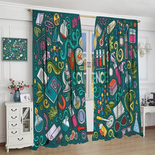 Miniatura 4 de Cortinas opacas para ventanas de ciencia para niños, lupa de libro de laboratorio de ciencia, lupa, frascos moleculares, cortinas impresas